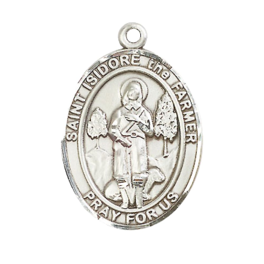 Saint St. Isidore the Farmer Medal Necklace– Men's .925 Sterling Silver Pendant on 24 Inch Light Rhodium Plated Heavy Curb Chain – Catholic Patron Saint St. of Agricultural Workers – Velvet Gift Box Included