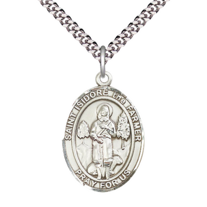 Saint St. Isidore the Farmer Medal Necklace– Men's .925 Sterling Silver Pendant on 24 Inch Light Rhodium Plated Heavy Curb Chain – Catholic Patron Saint St. of Agricultural Workers – Velvet Gift Box Included