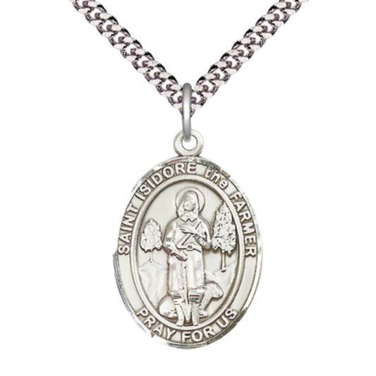 Saint St. Isidore the Farmer Medal Necklace– Men's .925 Sterling Silver Pendant on 24 Inch Light Rhodium Plated Heavy Curb Chain – Catholic Patron Saint St. of Agricultural Workers – Velvet Gift Box Included