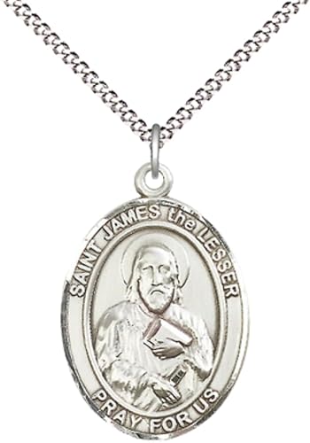 Women's Pewter Saint St. James the Lesser Medal Pendant on 18 Inch Rhodium Plated Lite Curb Brass Chain with Lobster Claw Clasp, Catholic Religious Necklace - Made in USA- Deluxe Velvet Gift Box