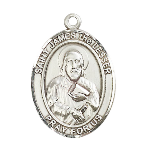 Sterling Silver Saint James the Lesser Medal Pendant on 24" Rhodium Plated Heavy Curb Brass Chain with Lobster Claw clasp, Catholic Religious Necklace -Made in USA- Deluxe Velvet Gift Box