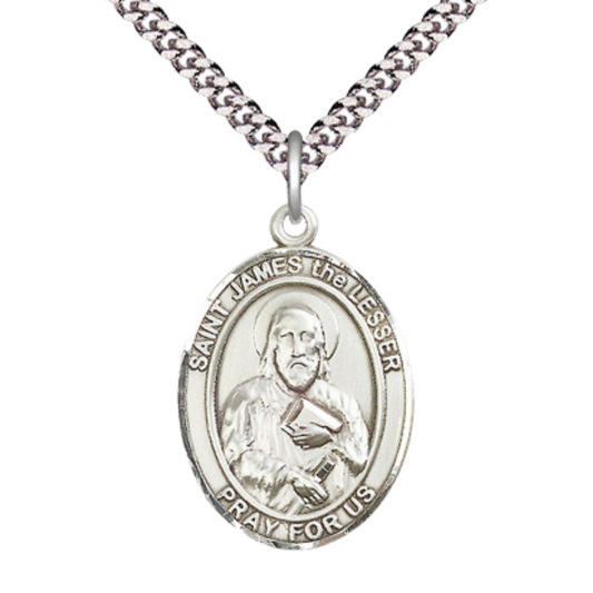 Saint St. James the Lesser Men's Medal Necklace – Patron Saint St. of Pharmacists – 24 Inch Endless Light Rhodium Plated Heavy Curb Chain, Catholic Medal – Velvet Gift Box