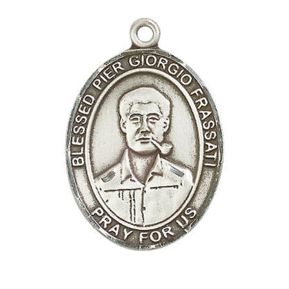 Women's Pewter Blessed Pier Giorgio Frassati Medal Pendant on 18 Inch Rhodium Plated Lite Curb Brass Chain with Lobster Claw Clasp, Catholic Religious Necklace - Made in USA- Deluxe Velvet Gift Box