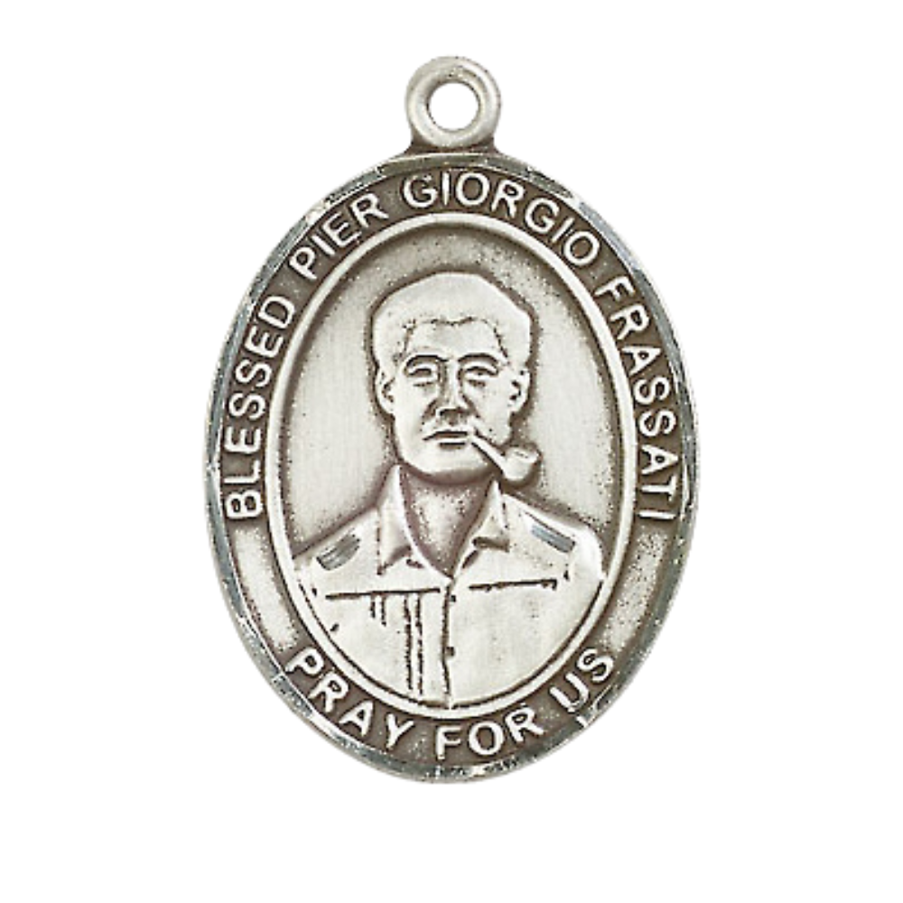Women's .925 Sterling Silver Blessed Pier Giorgio Frassati Medal Pendant on 18 Inch Rhodium Plated Lite Curb Brass Chain with Lobster Claw Clasp, Catholic Religious Necklace- Made in USA- Velvet Gift Box