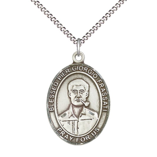 Women's .925 Sterling Silver Blessed Pier Giorgio Frassati Medal Pendant on 18 Inch Rhodium Plated Lite Curb Brass Chain with Lobster Claw Clasp, Catholic Religious Necklace- Made in USA- Velvet Gift Box