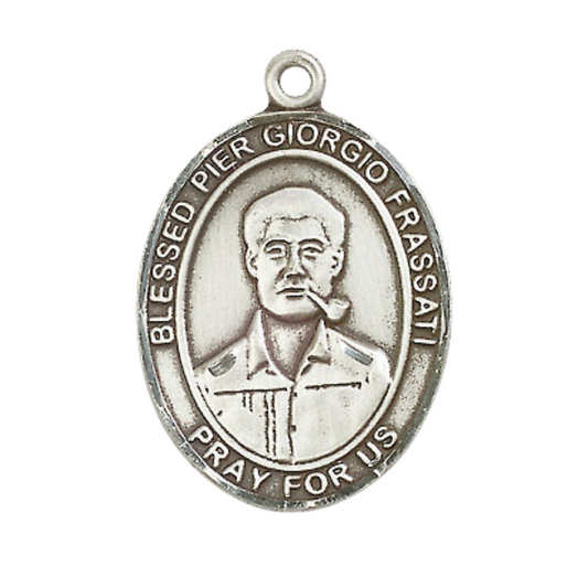 .925 Sterling Silver Blessed Pier Giorgio Frassati Medal Pendant on 24 Inch Rhodium Plated Heavy Curb Brass Chain w/ Lobster Claw clasp, Catholic Religious Necklace - Made in USA- Velvet Gift Box