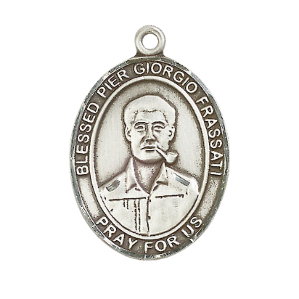 Oval Pewter Blessed Pier Giorgio Frassati Medal Pendant on 24 Inch Rhodium Plated Heavy Curb Brass Chain with Lobster Claw clasp, Catholic Religious Necklace - Made in USA- Deluxe Velvet Gift Box