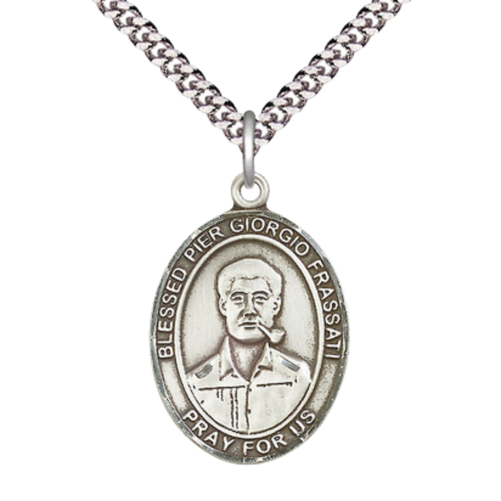 Blessed Pier Giorgio Frassati Medal Necklace – Men's .925 Sterling Silver Pendant on 24 Inch Light Rhodium Plated Heavy Curb Chain – Catholic Patron of World Youth Day – Velvet Gift Box Included