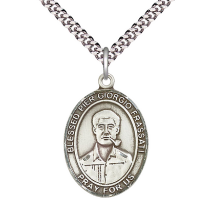 Oval Pewter Blessed Pier Giorgio Frassati Medal Pendant on 24 Inch Rhodium Plated Heavy Curb Brass Chain with Lobster Claw clasp, Catholic Religious Necklace - Made in USA- Deluxe Velvet Gift Box