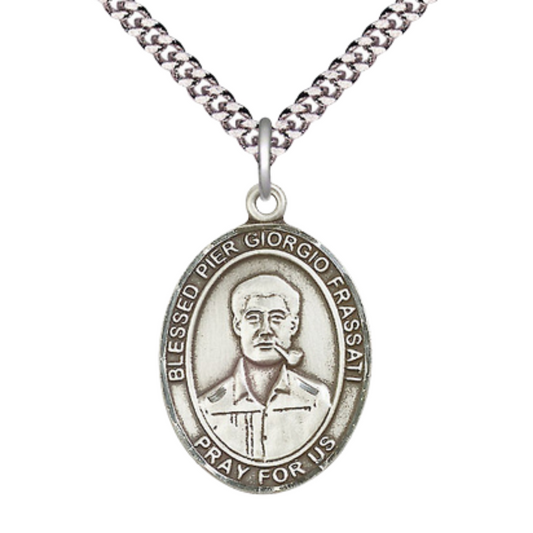 Oval Pewter Blessed Pier Giorgio Frassati Medal Pendant on 24 Inch Rhodium Plated Heavy Curb Brass Chain with Lobster Claw clasp, Catholic Religious Necklace - Made in USA- Deluxe Velvet Gift Box