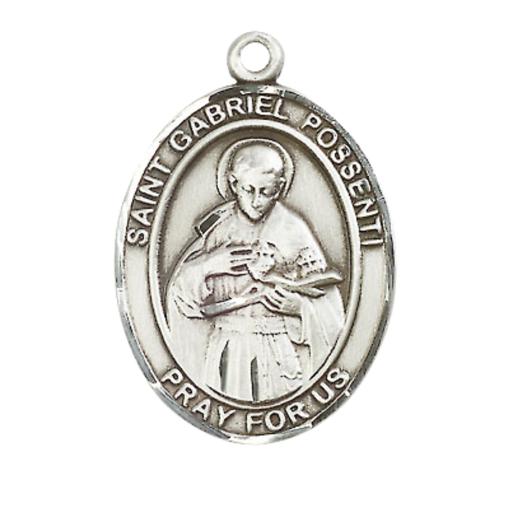 Women's Pewter Saint St. Gabriel Possenti Medal Pendant on 18 Inch Rhodium Plated Lite Curb Brass Chain with Lobster Claw Clasp, Catholic Religious Necklace - Made in USA- Deluxe Velvet Gift Box