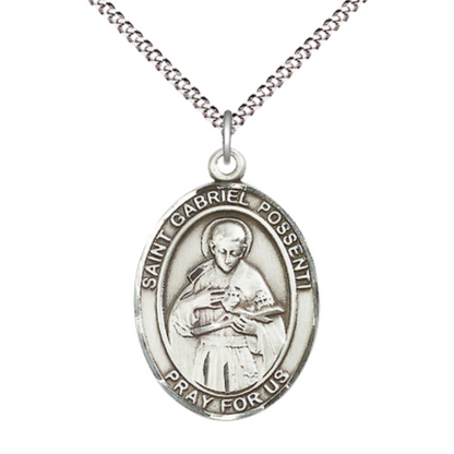 Women's Pewter Saint St. Gabriel Possenti Medal Pendant on 18 Inch Rhodium Plated Lite Curb Brass Chain with Lobster Claw Clasp, Catholic Religious Necklace - Made in USA- Deluxe Velvet Gift Box