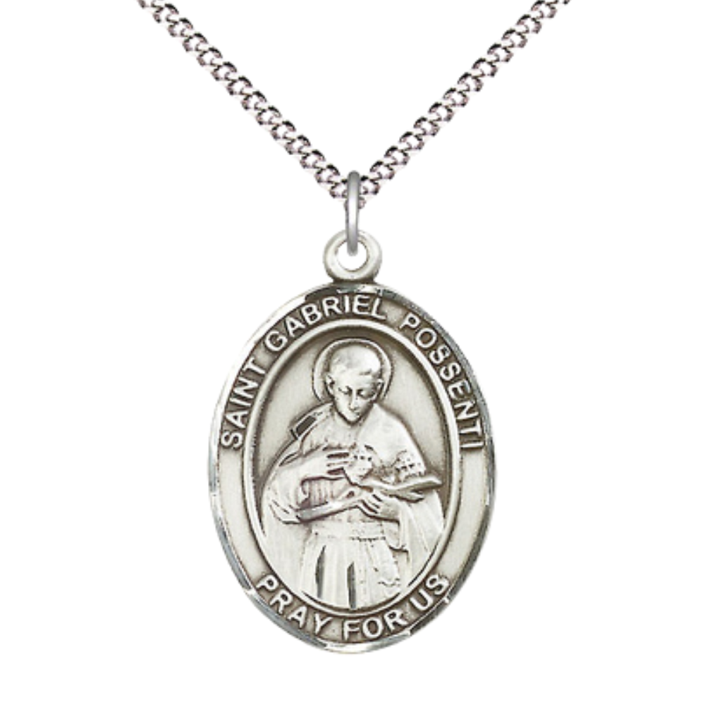 Women's .925 Sterling Silver Saint St. Gabriel Possenti Medal Pendant on 18 Inch Rhodium Plated Lite Curb Brass Chain with Lobster Claw Clasp, Catholic Religious Necklace - Made in USA- Velvet Gift Box