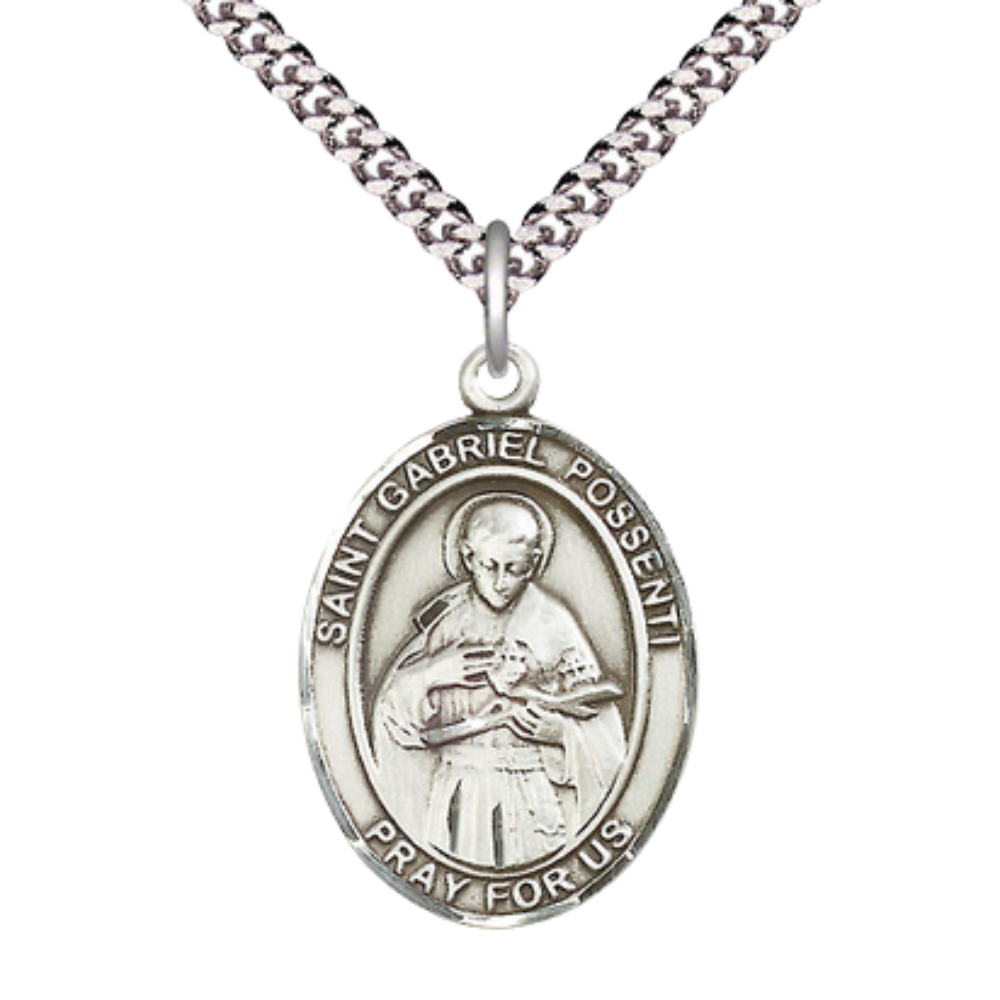 Saint St. Gabriel Possenti Medal Necklace, Catholic Medal - Patron Saint. of College Students – 24 Inch Endless Light Rhodium Plated plated Chain – Velvet Gift Box
