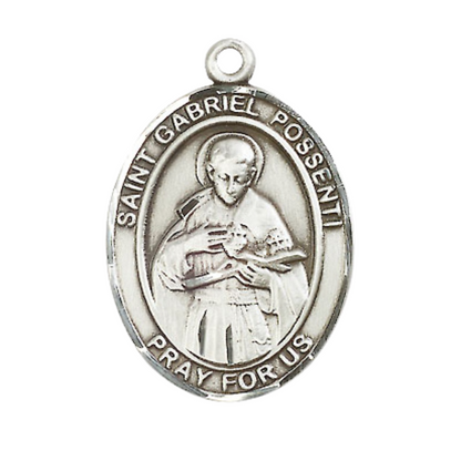 Oval Pewter Saint St. Gabriel Possenti Medal Pendant on 24 inch Rhodium Plated Heavy Curb Brass Chain with Lobster Claw clasp, Catholic Religious Necklace - Made in USA- Deluxe Velvet Gift Box