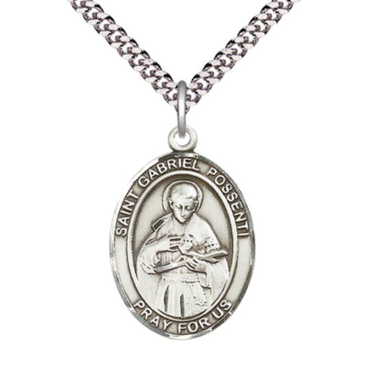 Oval Pewter Saint St. Gabriel Possenti Medal Pendant on 24 inch Rhodium Plated Heavy Curb Brass Chain with Lobster Claw clasp, Catholic Religious Necklace - Made in USA- Deluxe Velvet Gift Box