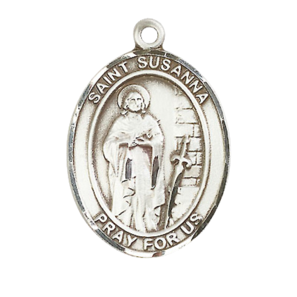 Women's Pewter Saint St. Susanna Medal Pendant on 18 Inch Rhodium Plated Lite Curb Brass Chain with Lobster Claw Clasp, Catholic Religious Necklace - Made in USA- Deluxe Velvet Gift Box