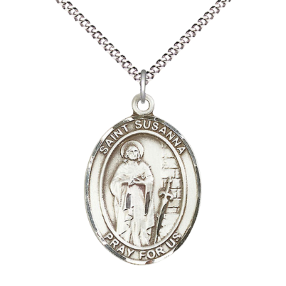 Women's .925 Sterling Silver Saint St. Susanna Medal Pendant on 18 Inch Rhodium Plated Lite Curb Brass Chain with Lobster Claw Clasp, Catholic Religious Necklace - Made in USA- Deluxe Velvet Gift Box