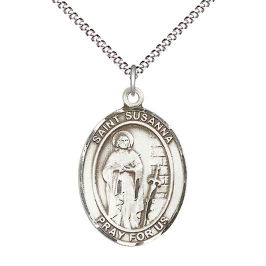 Women's .925 Sterling Silver Saint St. Susanna Medal Pendant on 18 Inch Rhodium Plated Lite Curb Brass Chain with Lobster Claw Clasp, Catholic Religious Necklace - Made in USA- Deluxe Velvet Gift Box