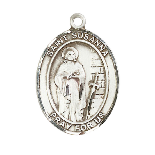 Oval .925 Sterling Silver Saint Susanna Medal Pendant on 24" Rhodium Plated Heavy Curb Brass Chain with Lobster Claw clasp, Catholic Religious Necklace -Made in USA- Deluxe Velvet Gift Box