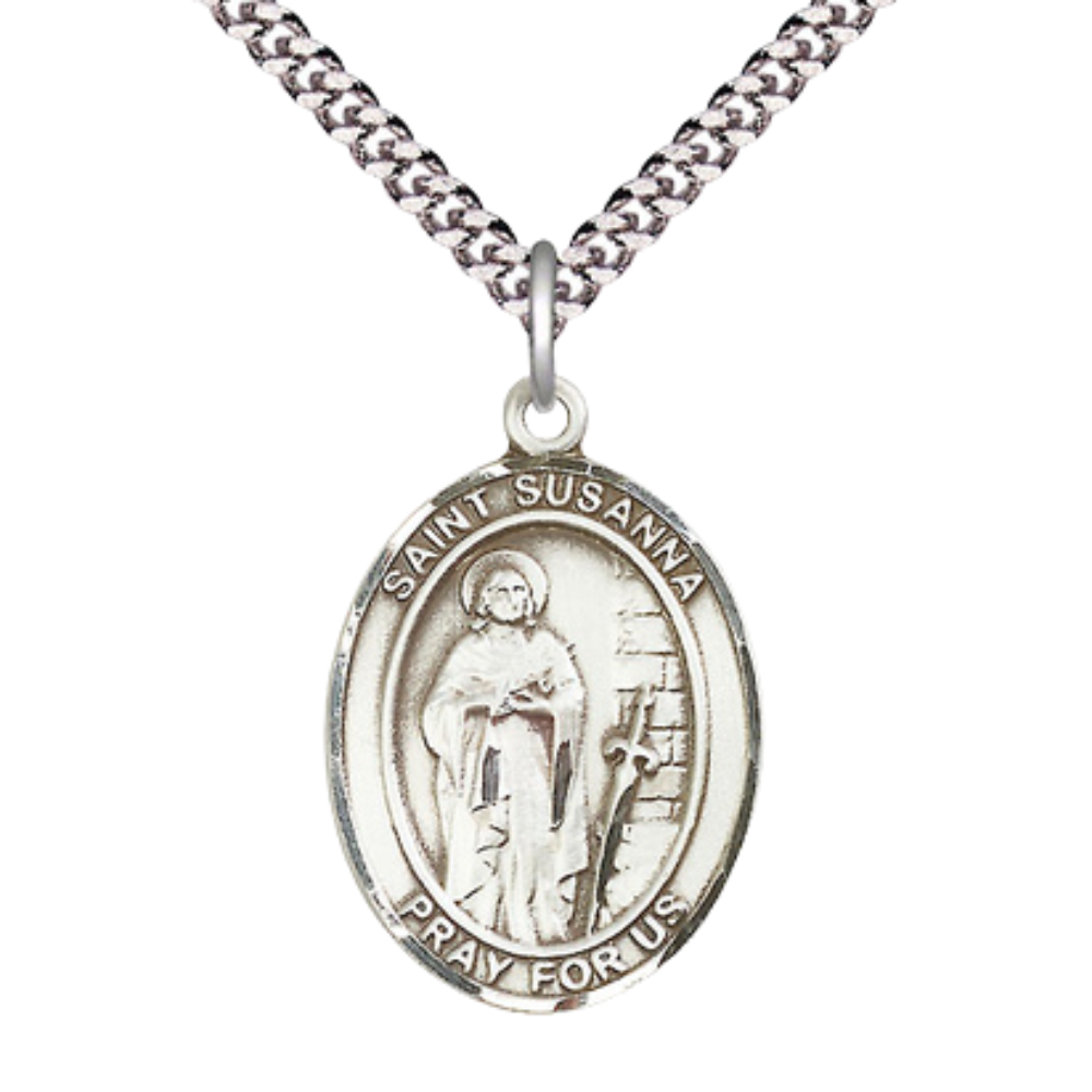 Saint St. Susanna Men's Medal Necklace – Patron Saint St. of Those Named Susanna – 24 Inch Endless Light Rhodium Plated Heavy Curb Chain, Catholic Medal – Velvet Gift Box