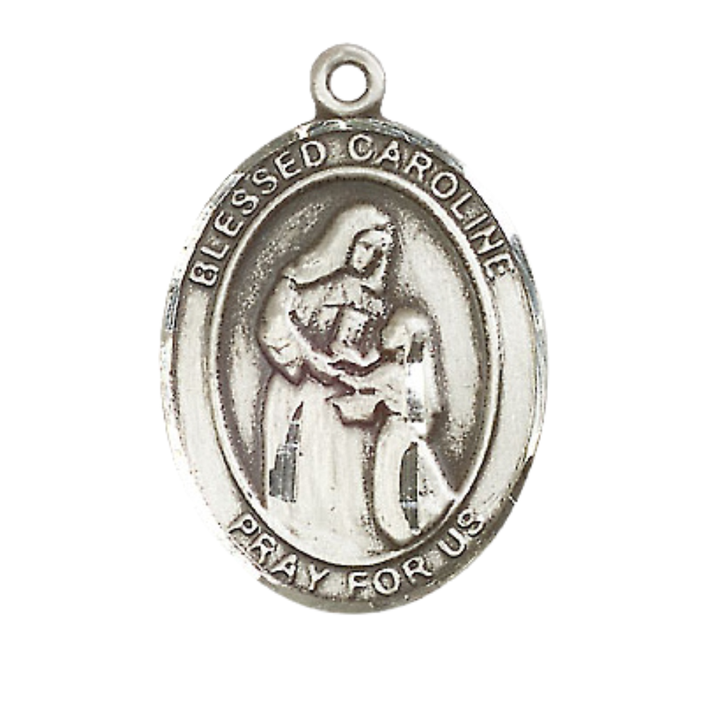 Women's Pewter Blessed Caroline Gerhardinger Medal Pendant on 18 Inch Rhodium Plated Lite Curb Brass Chain with Lobster Claw Clasp, Catholic Religious Necklace - Made in USA- Deluxe Velvet Gift Box