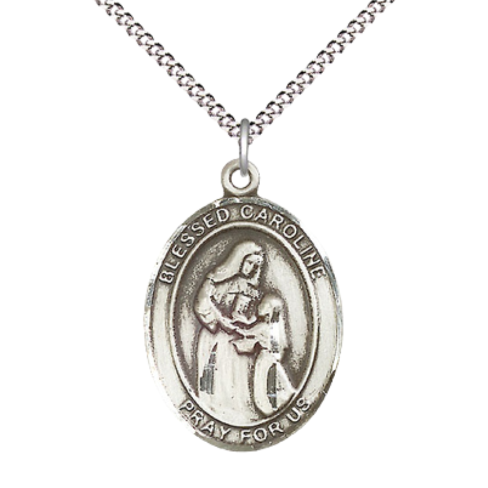 Women's .925 Sterling Silver Blessed Caroline Gerhardinger Medal Pendant on 18 Inch Rhodium Plated Lite Curb Brass Chain w/ Lobster Claw Clasp, Catholic Religious Necklace - Made in USA- Velvet Gift Box