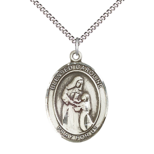 Women's .925 Sterling Silver Blessed Caroline Gerhardinger Medal Pendant on 18 Inch Rhodium Plated Lite Curb Brass Chain w/ Lobster Claw Clasp, Catholic Religious Necklace - Made in USA- Velvet Gift Box