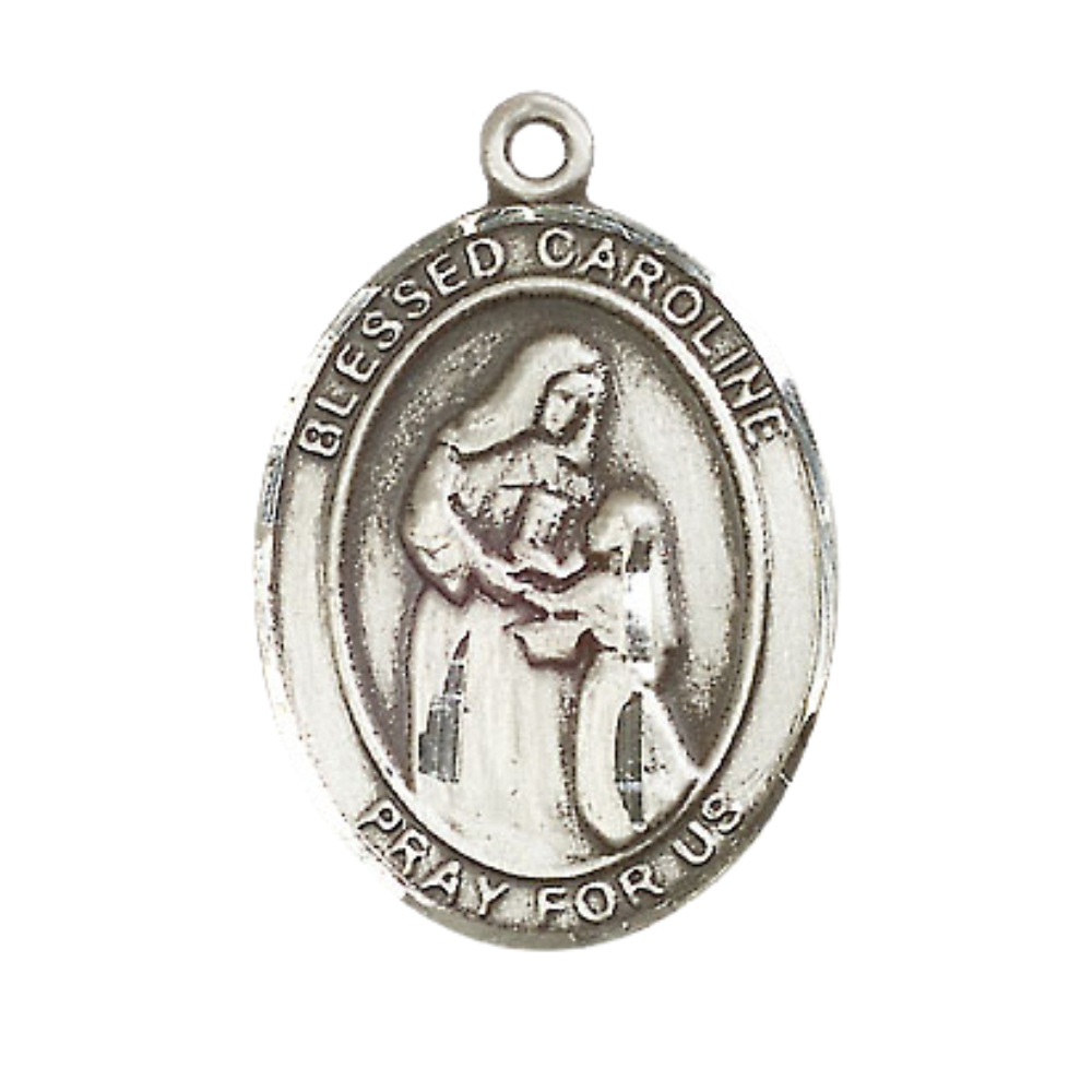 Oval Pewter Blessed Caroline Gerhardinger Medal Pendant on 24" Rhodium Plated Heavy Curb Brass Chain with Lobster Claw clasp, Catholic Religious Necklace -Made in USA- Deluxe Velvet Gift Box