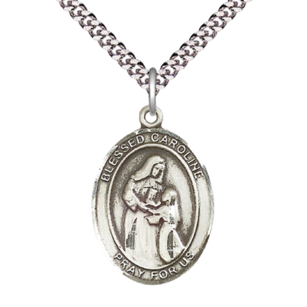 Oval Pewter Blessed Caroline Gerhardinger Medal Pendant on 24" Rhodium Plated Heavy Curb Brass Chain with Lobster Claw clasp, Catholic Religious Necklace -Made in USA- Deluxe Velvet Gift Box