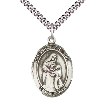 Oval Pewter Blessed Caroline Gerhardinger Medal Pendant on 24" Rhodium Plated Heavy Curb Brass Chain with Lobster Claw clasp, Catholic Religious Necklace -Made in USA- Deluxe Velvet Gift Box