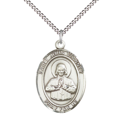 Women's .925 Sterling Silver Saint St. John Vianney Medal Pendant on 18 Inch Rhodium Plated Lite Curb Brass Chain with Lobster Claw Clasp, Catholic Religious Necklace - Made in USA- Deluxe Velvet Gift Box