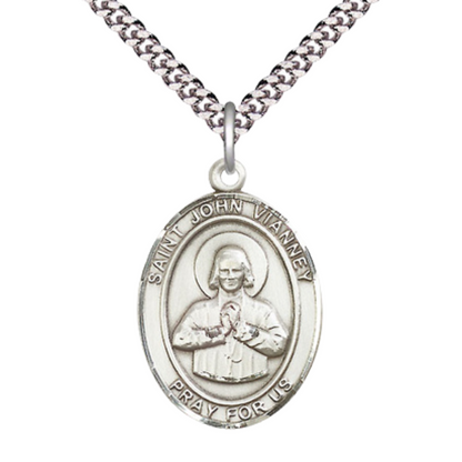 Saint St. John Vianney Men's Medal Necklace – Patron Saint St. of Confessors & Priests – 24 Inch Endless Light Rhodium Plated Heavy Curb Chain, Catholic Medal – Velvet Gift Box