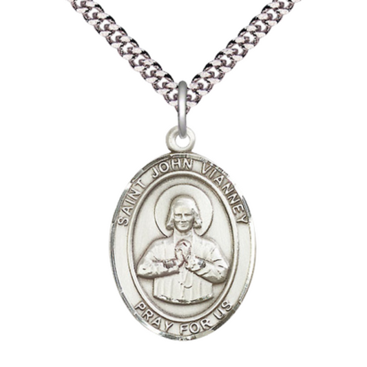 Saint St. John Vianney Men's Medal Necklace – Patron Saint St. of Confessors & Priests – 24 Inch Endless Light Rhodium Plated Heavy Curb Chain, Catholic Medal – Velvet Gift Box