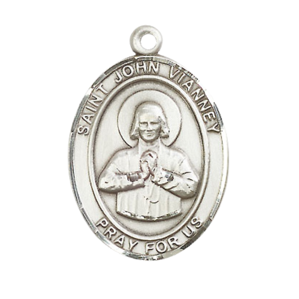 1 x 3/4" Oval Pewter Saint John Vianney Medal Pendant on 24" Rhodium Plated Heavy Curb Brass Chain with Lobster Claw clasp , Catholic Religious Necklace -Made in USA - Deluxe Velvet Gift Box