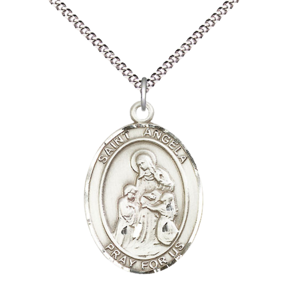 Everlasting Light Jewelry Women's Pewter Patron Saint St. Angela Merici Medal Pendant with 18 Inch Rhodium Plated Lite Curb Brass Chain Catholic Religious Necklace - Made in USA, Deluxe Velvet Gift Box