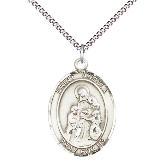 Everlasting Light Jewelry Women's Pewter Patron Saint St. Angela Merici Medal Pendant with 18 Inch Rhodium Plated Lite Curb Brass Chain Catholic Religious Necklace - Made in USA, Deluxe Velvet Gift Box