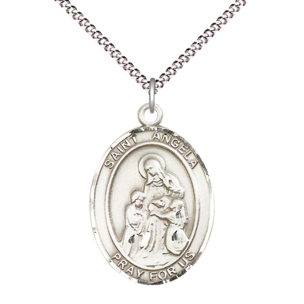 Women's .925 Sterling Silver Patron Saint St. Angela Merici Medal Pendant with 18 Inch Rhodium Plated Lite Curb Brass Chain Catholic Religious Necklace - Made in USA, Deluxe Velvet Gift Box