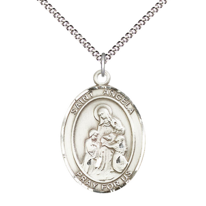 Women's .925 Sterling Silver Patron Saint St. Angela Merici Medal Pendant with 18 Inch Rhodium Plated Lite Curb Brass Chain Catholic Religious Necklace - Made in USA, Deluxe Velvet Gift Box