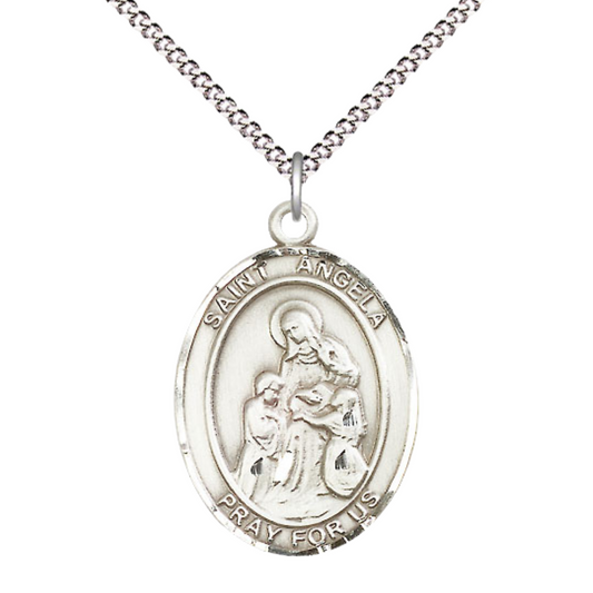 Women's .925 Sterling Silver Patron Saint St. Angela Merici Medal Pendant with 18 Inch Rhodium Plated Lite Curb Brass Chain Catholic Religious Necklace - Made in USA, Deluxe Velvet Gift Box