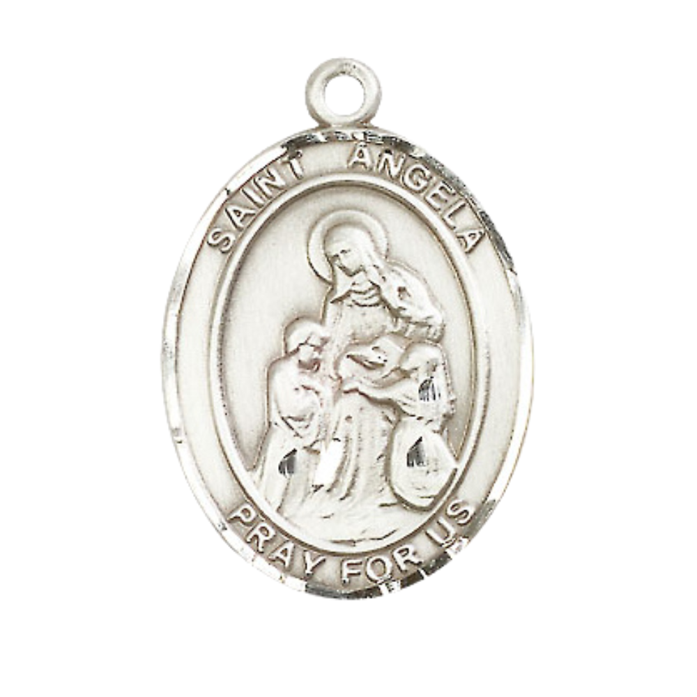 1 x 3/4" Oval Pewter Saint St. Angela Merici Medal Pendant on 24 Inch Rhodium Plated Heavy Curb Brass Chain with Lobster Claw clasp, Catholic Religious Necklace - Made in USA- Deluxe Velvet Gift Box