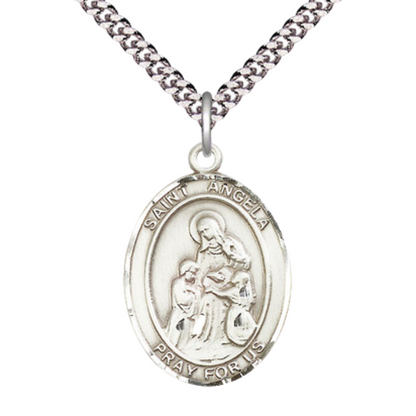 Saint Angela Merici Medal Necklace – Men's Pewter Pendant on 24” Light Rhodium Plated plated Chain – Catholic Patron Saint of Handicapped People – Velvet Gift Box Included