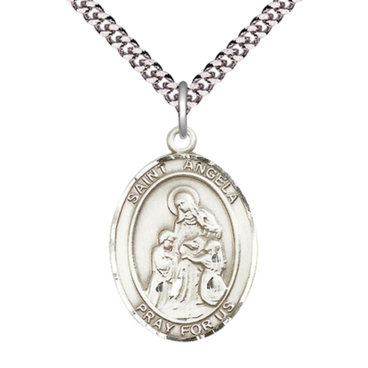 Saint Angela Merici Medal Necklace – Men's Pewter Pendant on 24” Light Rhodium Plated plated Chain – Catholic Patron Saint of Handicapped People – Velvet Gift Box Included