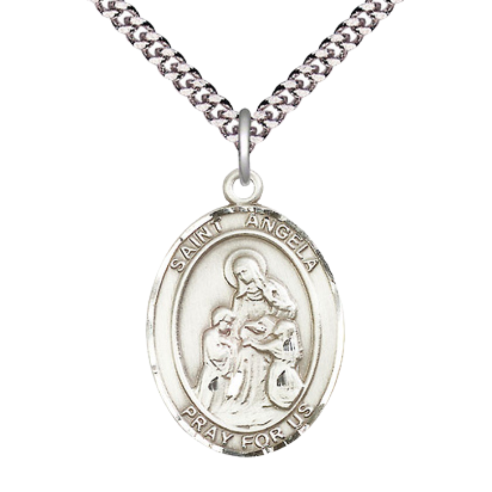Saint St. Angela Merici Medal Necklace – Men's .925 Sterling Silver Pendant on 24 Inch Light Rhodium Plated Heavy Curb Chain – Catholic Patron Saint St. of Handicapped People – Velvet Gift Box Included