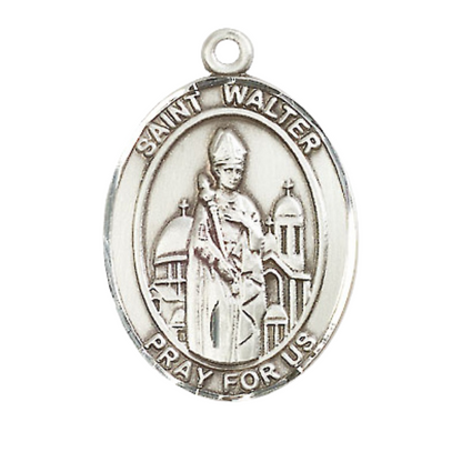 Women's .925 Sterling Silver Saint St. Walter of Pontnoise Medal Pendant on 18 Inch Rhodium Plated Lite Curb Brass Chain w/ Lobster Claw Clasp, Catholic Religious Necklace - Made in USA- Velvet Gift Box