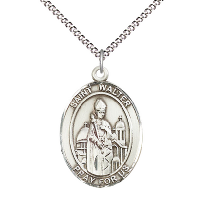 Women's Pewter Saint St. Walter of Pontnoise Medal Pendant on 18 Inch Rhodium Plated Lite Curb Brass Chain with Lobster Claw Clasp, Catholic Religious Necklace - Made in USA- Deluxe Velvet Gift Box