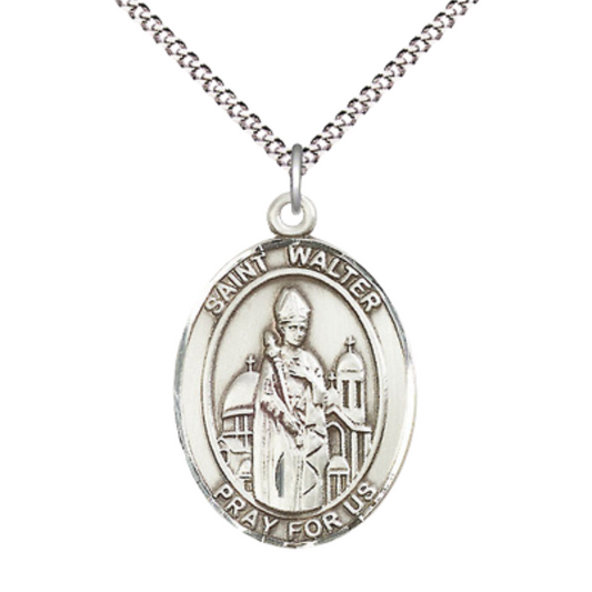 Women's .925 Sterling Silver Saint St. Walter of Pontnoise Medal Pendant on 18 Inch Rhodium Plated Lite Curb Brass Chain w/ Lobster Claw Clasp, Catholic Religious Necklace - Made in USA- Velvet Gift Box