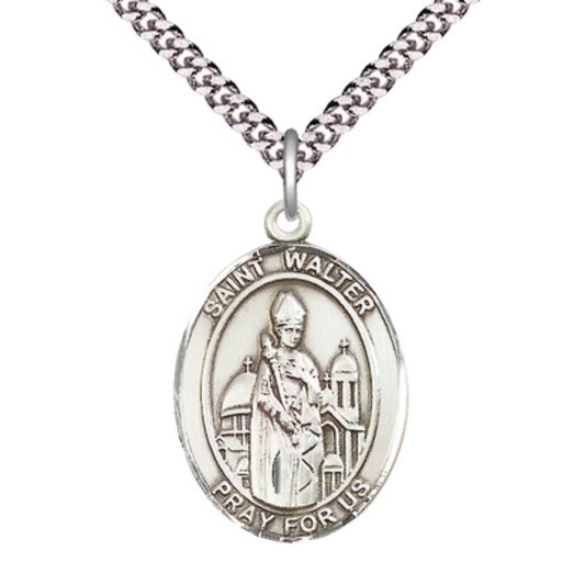 Saint St. Walter of Pontnoise Medal Necklace, Catholic Medal - Patron Saint. of Prisoners of War (POWs) – 24 Inch Endless Light Rhodium Plated plated Chain – Velvet Gift Box