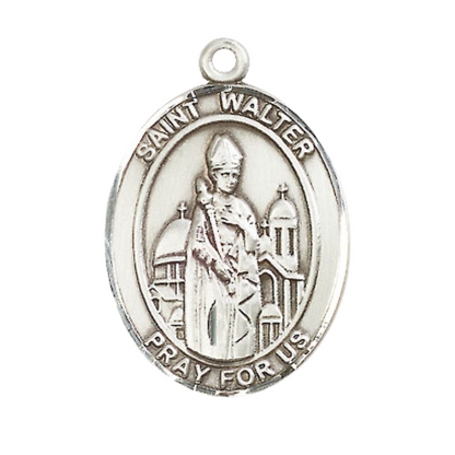Sterling Silver Saint Walter of Pontnoise Medal Pendant on 24" Rhodium Plated Heavy Curb Brass Chain with Lobster Claw clasp, Catholic Religious Necklace -Made in USA- Deluxe Velvet Gift Box