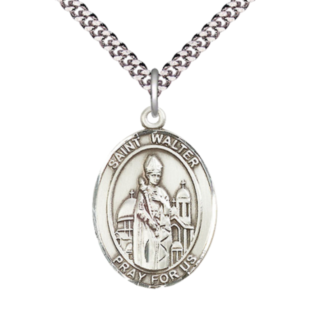 Oval Pewter Saint St. Walter of Pontnoise Medal Pendant on 24 inch Rhodium Plated Heavy Curb Brass Chain with Lobster Claw clasp, Catholic Religious Necklace - Made in USA - Deluxe Velvet Gift Box